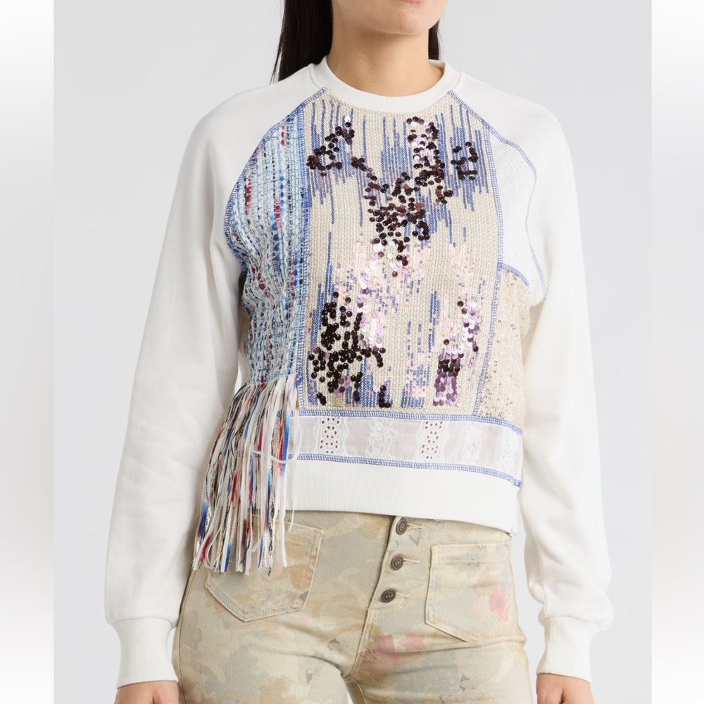 NWT Desigual White Sequin Fringe Patchwork Sweatshirt